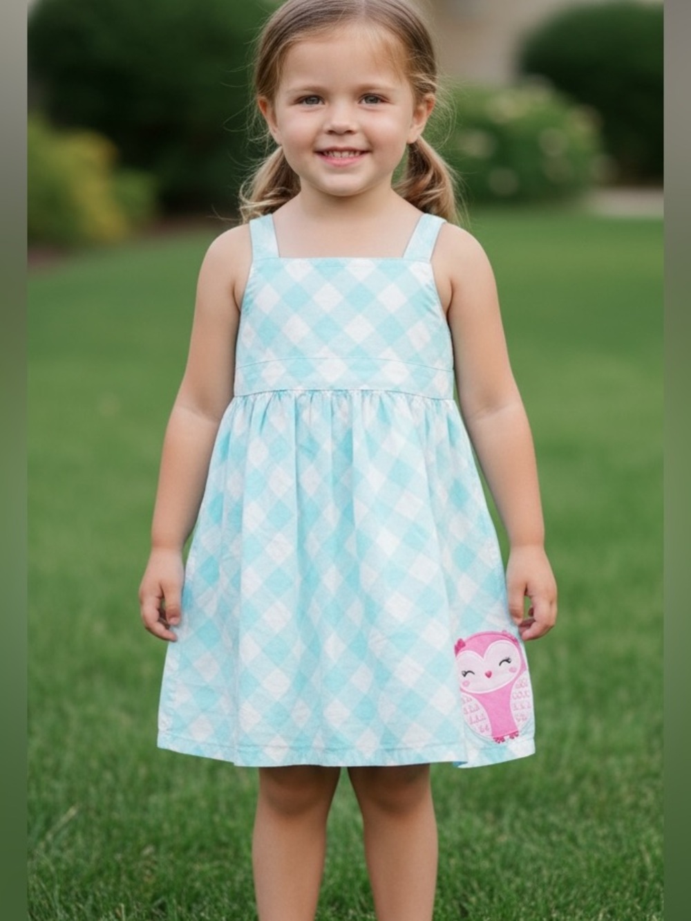 Carter's Dress Cotton Blue, White, Pink Owl Baby Girl Toddler Size 18 Mo Summer